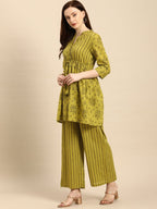 All About You Women Green Printed Pure Cotton Kurti with Palazzos | Grocsy