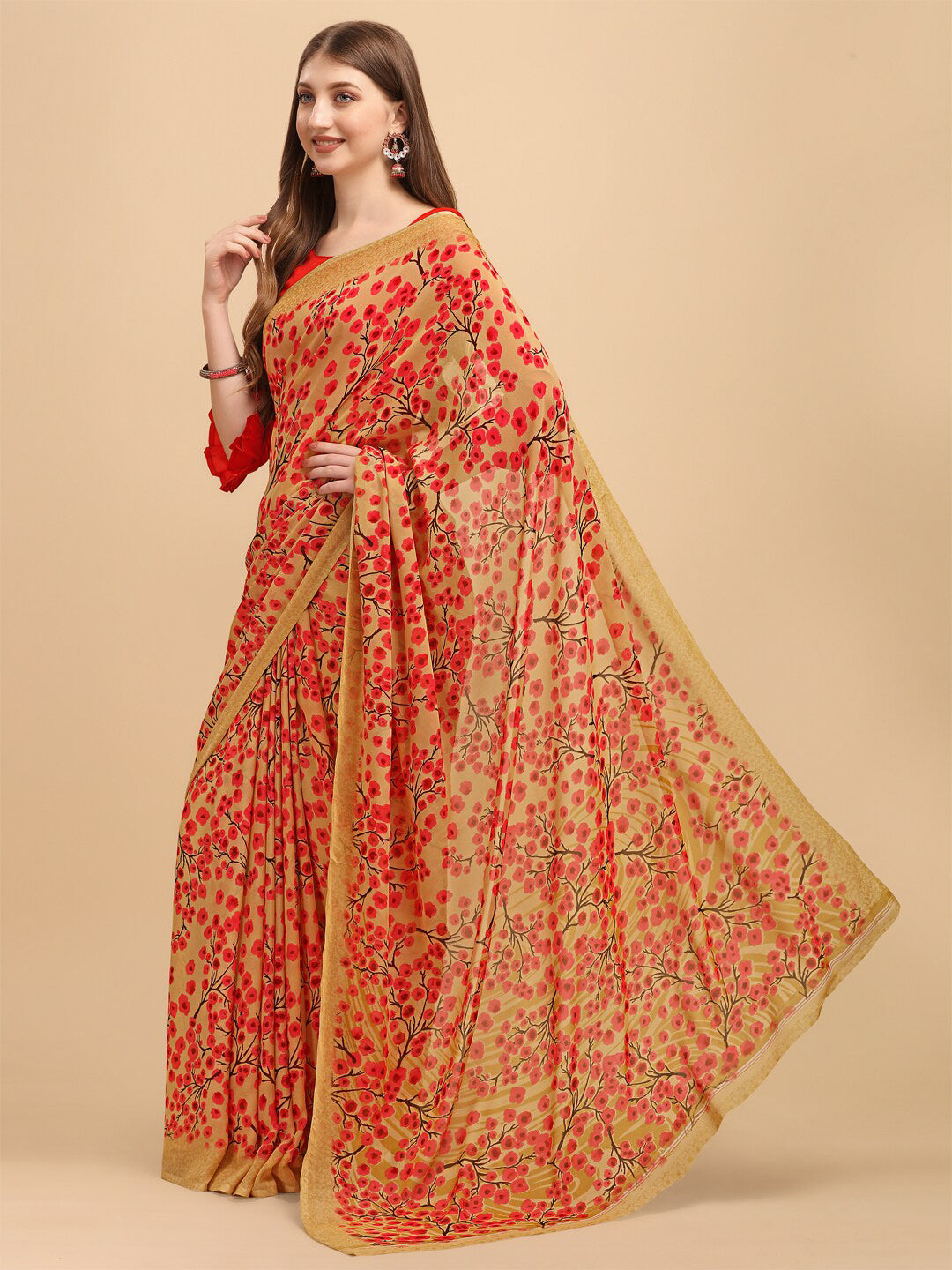 Sangria Beige & Peach-Coloured Floral Printed Georgette Saree | Grocsy