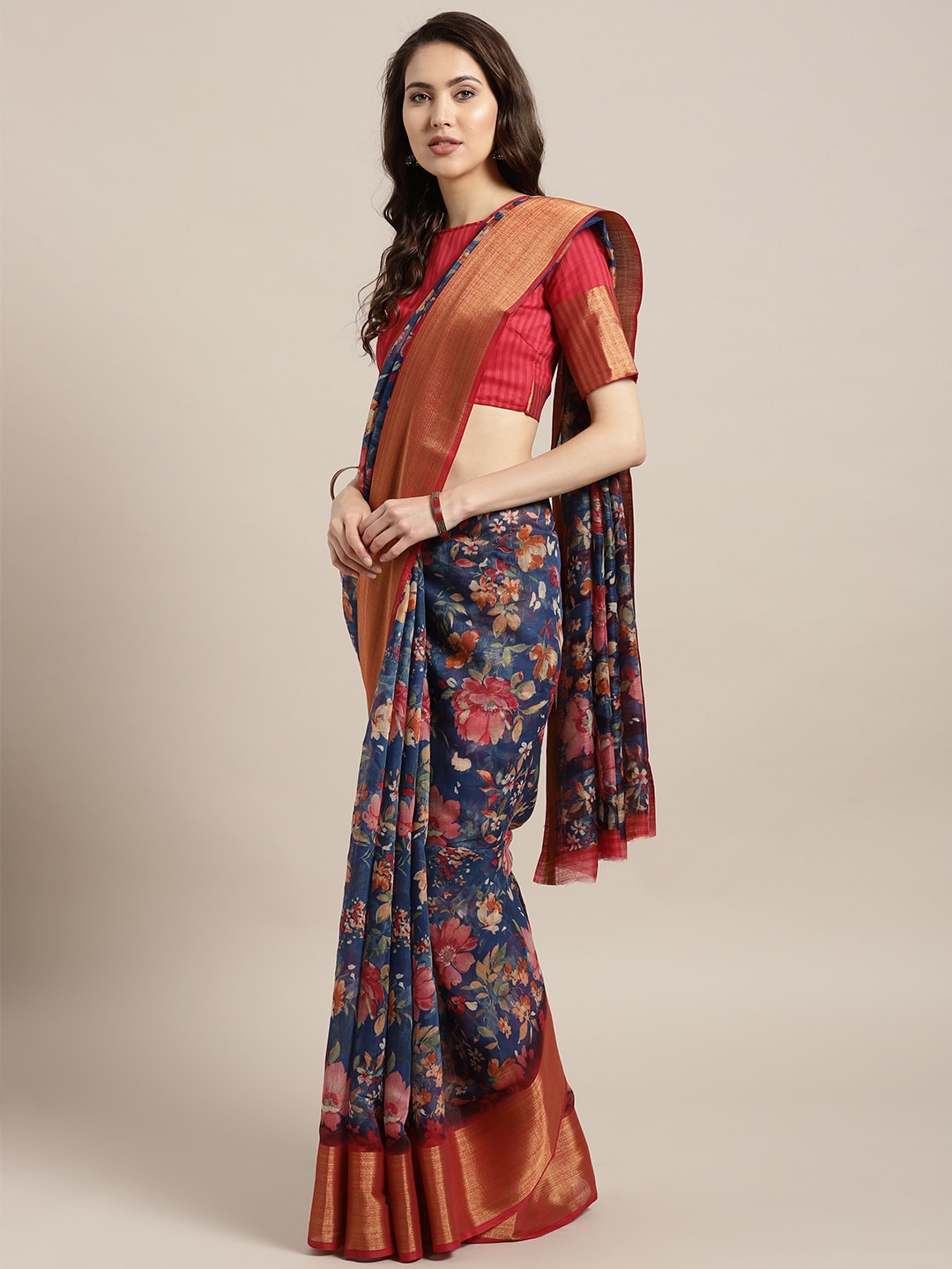 Saree Mall Navy Blue & Red Linen Blend Printed Saree | Grocsy