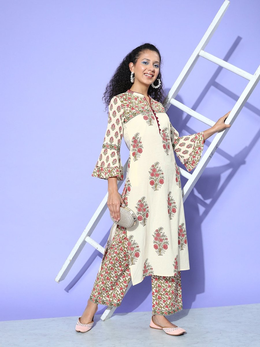 All About You Cream-Coloured Floral Printed Pure Cotton Kurta With Trousers | Grocsy