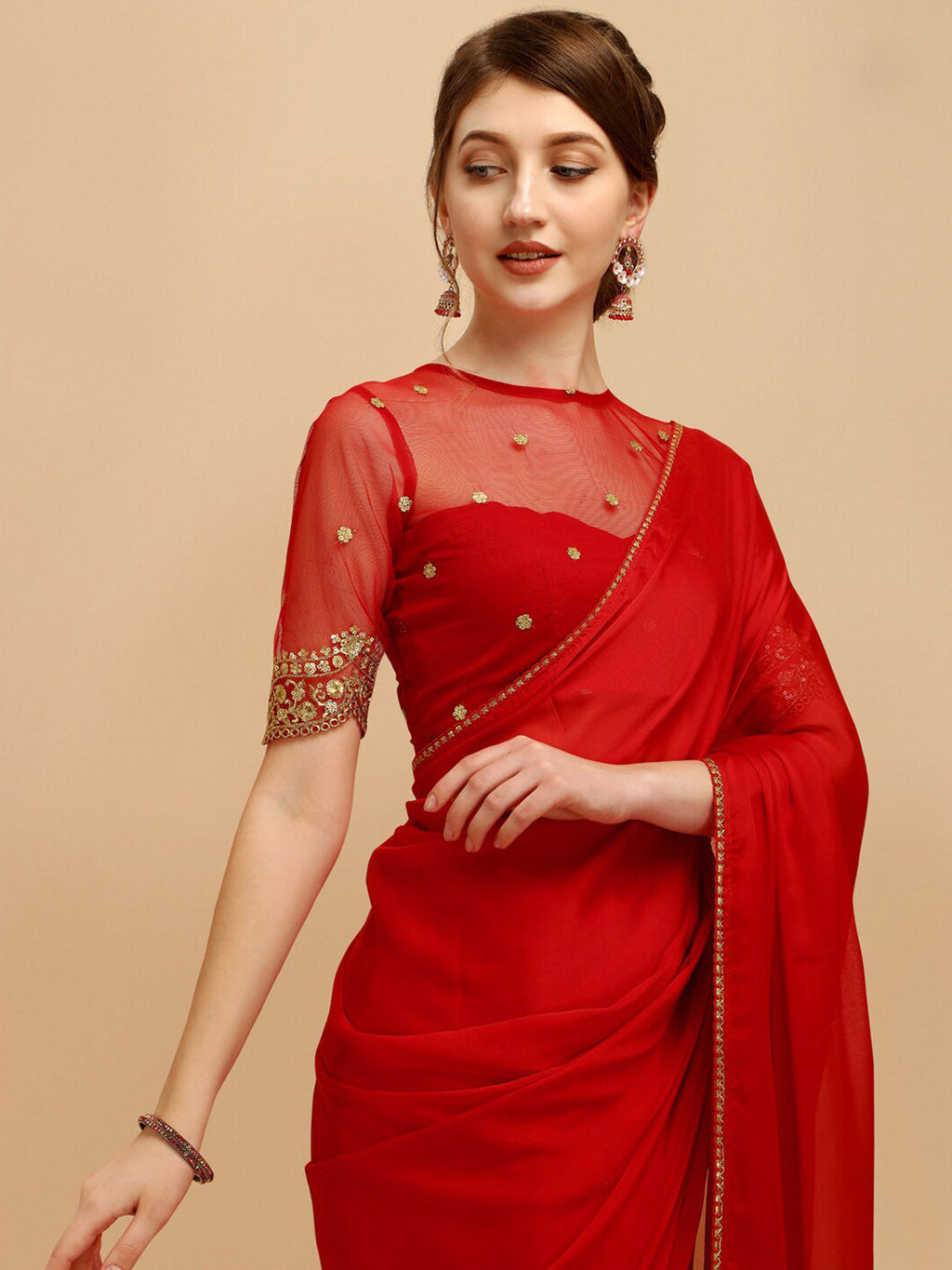 Sangria Red Silk Blend Embroidered Saree | Grocsy