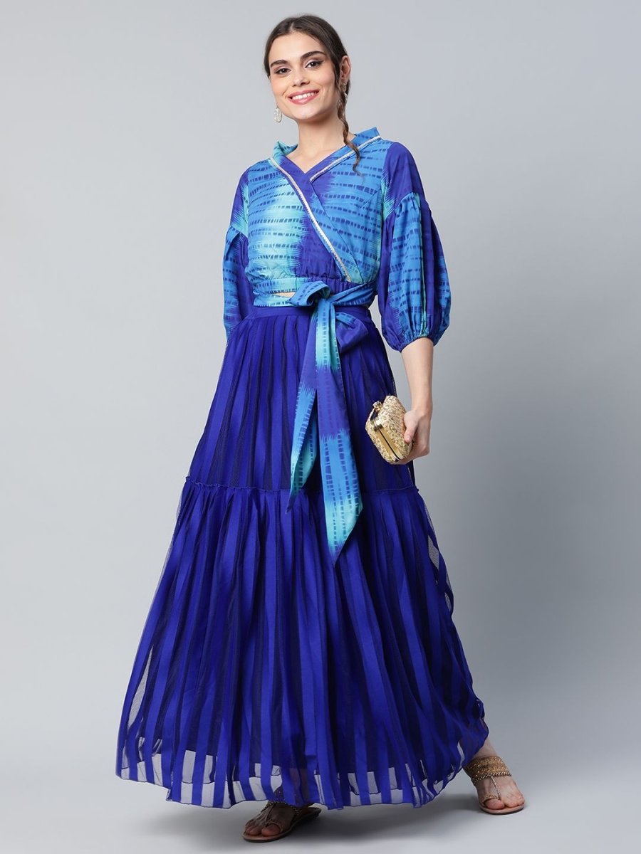 Ahalyaa Women Stunning Blue Crepe Printed Top with Skirt | Grocsy