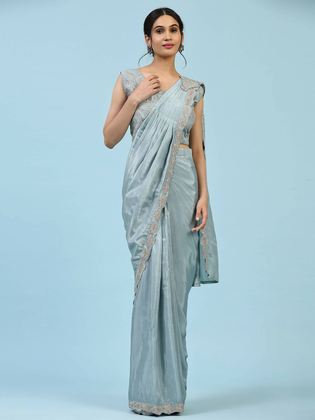 Sky Blue Silk Satin Plain Ready to wear Saree with stitched Blouse - Vrinda | Grocsy