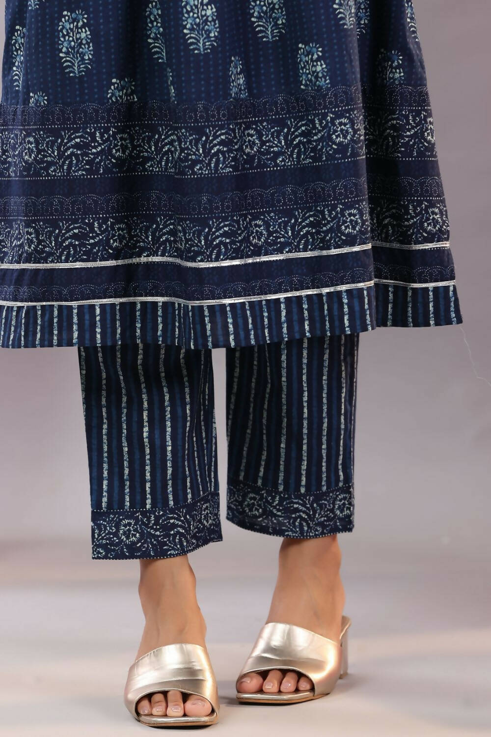 Juniper Women Indigo Cotton Cambric Batik texture Printed Kurta, Pants and Dupatta Set | Grocsy