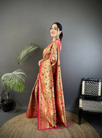 Joban Fashion Peach Floral & Leaf Motifs Soft Silk Paithani Saree | Grocsy