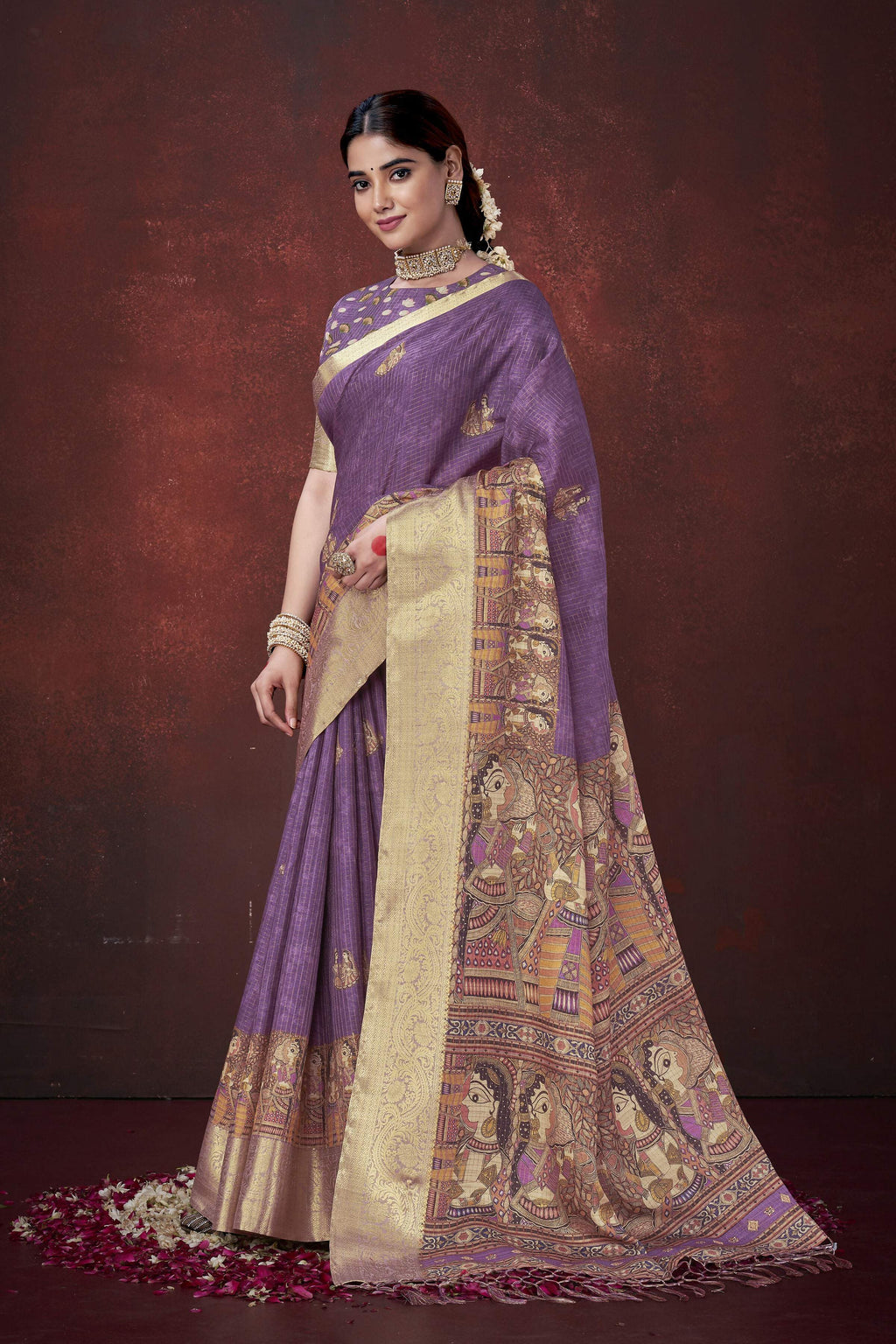Purple Poly Habotai Silk Foil Print Saree with Unstitched Blouse - Kathari | Grocsy