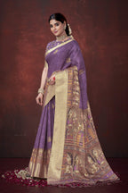 Purple Poly Habotai Silk Foil Print Saree with Unstitched Blouse - Kathari | Grocsy