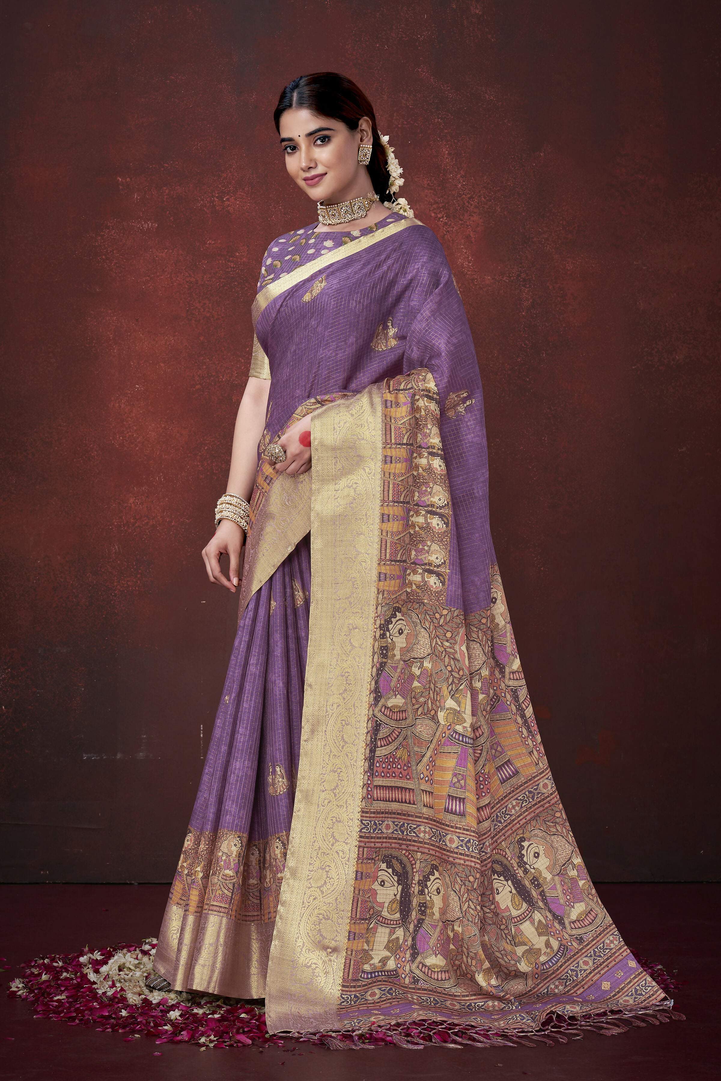 Purple Poly Habotai Silk Foil Print Saree with Unstitched Blouse - Kathari | Grocsy
