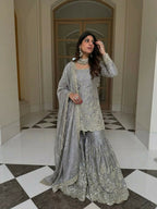 Teeya Creation New Trendy Latest Designer Embroidery Sharara Kurta Set -Grey | Grocsy