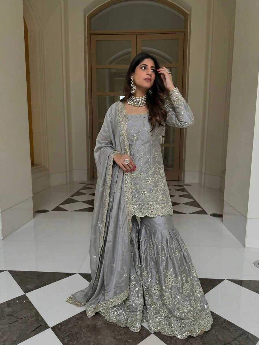 Teeya Creation New Trendy Latest Designer Embroidery Sharara Kurta Set -Grey | Grocsy