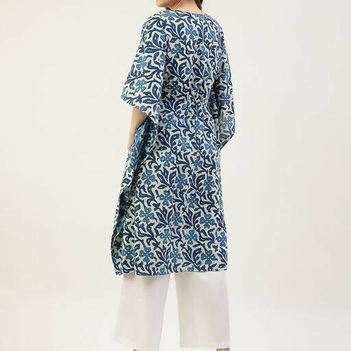 FIORRA Women's Printed Pure Cotton Kaftan Kurta - Blue | Grocsy