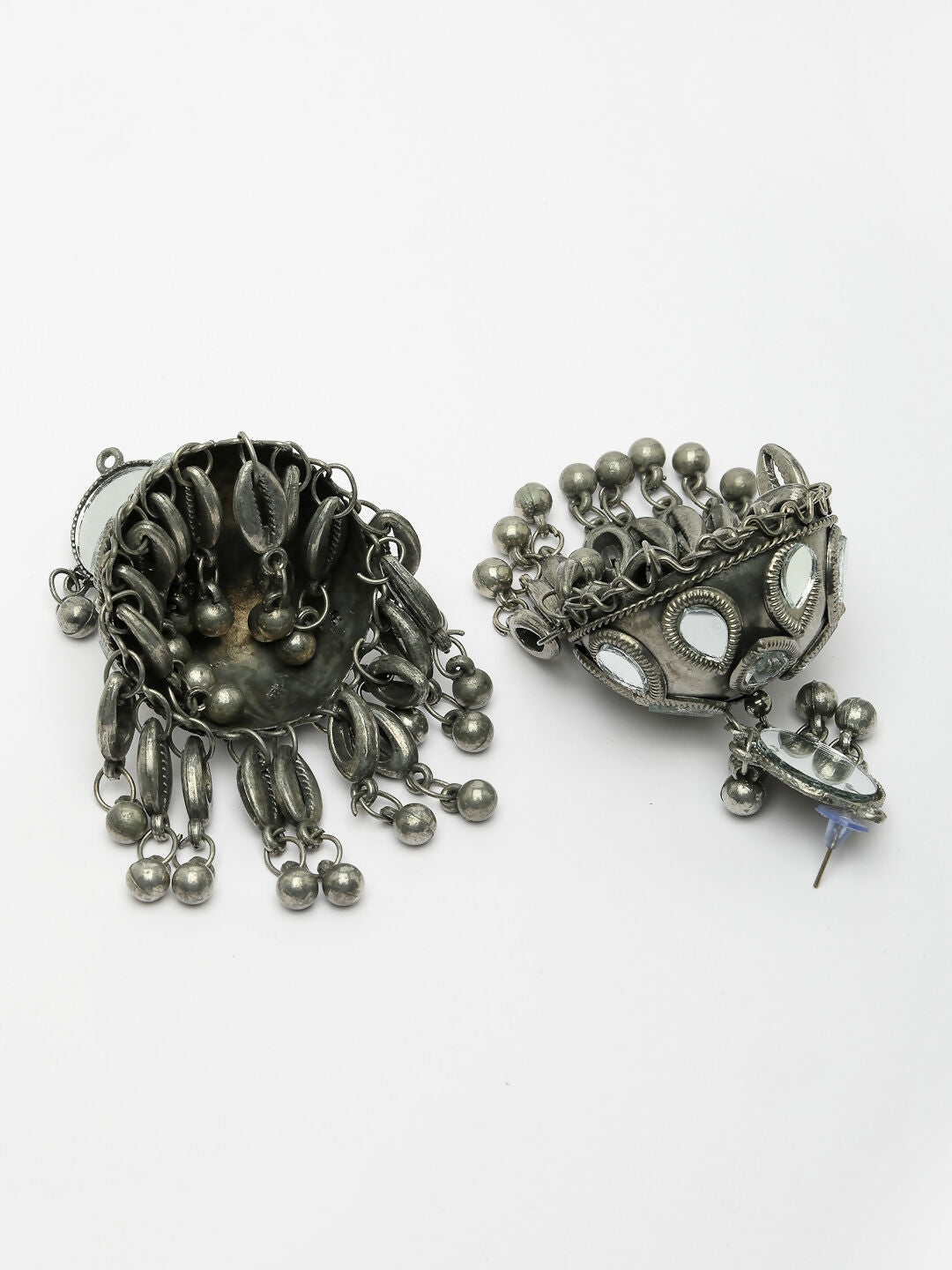 NVR Women's Silver Plated Mirror Work Oxidised Contemporary Jhumka Earrings | Grocsy