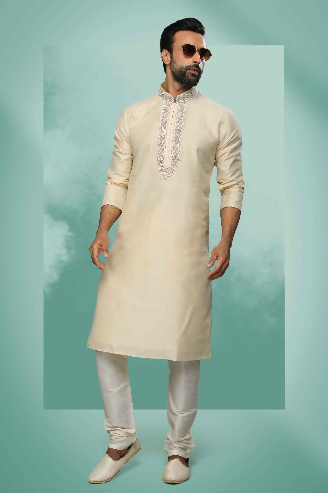 Raivat Ethnic Art Silk Mirror Embroidery Work Kurta Pajama In Cream Colour | Grocsy