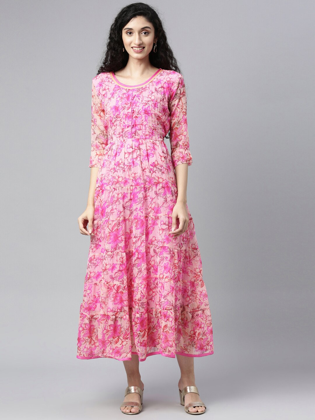 Souchii Pink & peaches n cream Floral Layered Chiffon Midi Dress | Grocsy