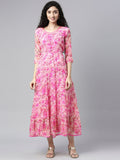 Souchii Beautiful Pink & peaches N Cream Floral Layered Chiffon Midi Dress | Grocsy