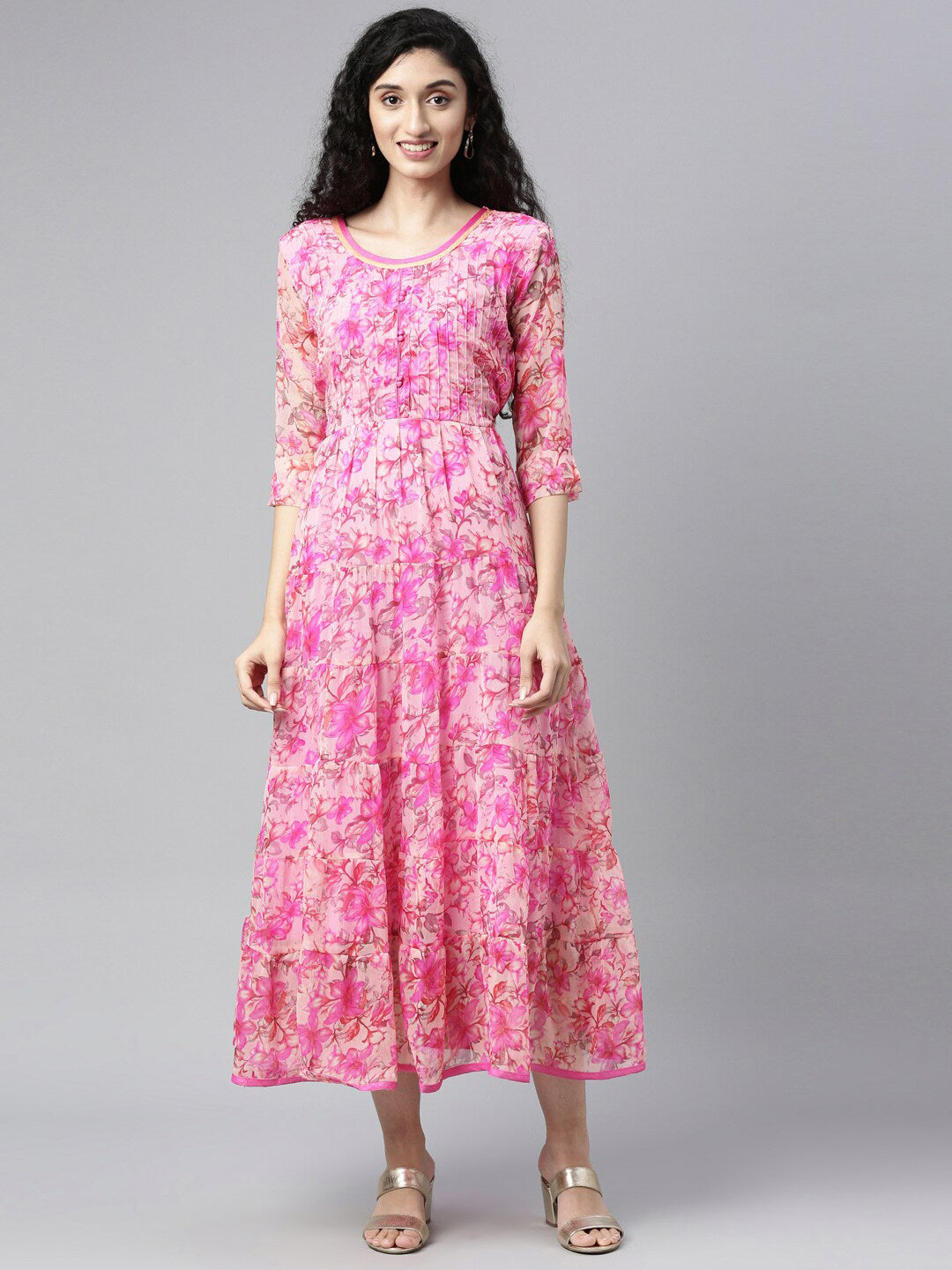 Souchii Beautiful Pink & peaches N Cream Floral Layered Chiffon Midi Dress | Grocsy