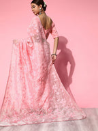 Saree Mall Pink Floral Embroidered Organza Saree | Grocsy