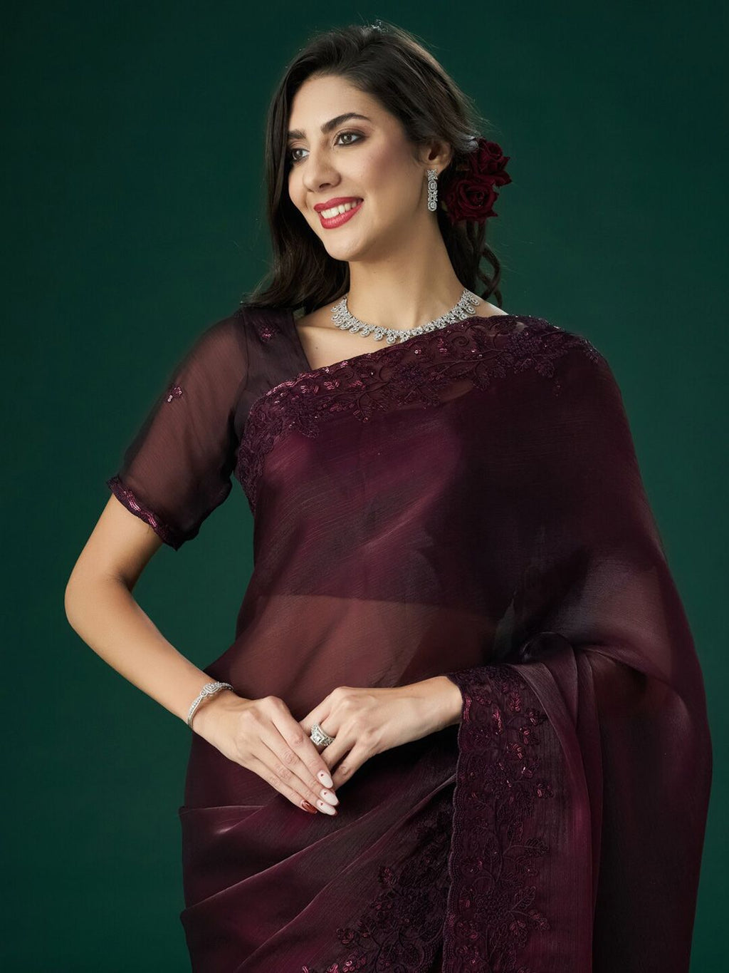 kasee Floral Embroidered Saree | Grocsy