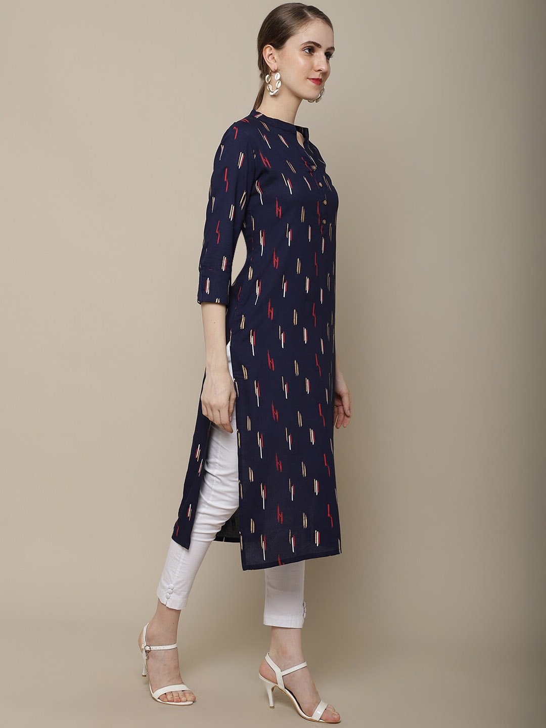 Sangria Women Navy Blue & Red Pure Cotton Geometric Printed Kurta | Grocsy