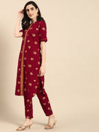 All About You Women Maroon & Mustard Yellow Floral Printed Pure Cotton Kurta with Trousers | Grocsy