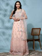 Peach Net Hand Embroidered Gown - Rudrani | Grocsy