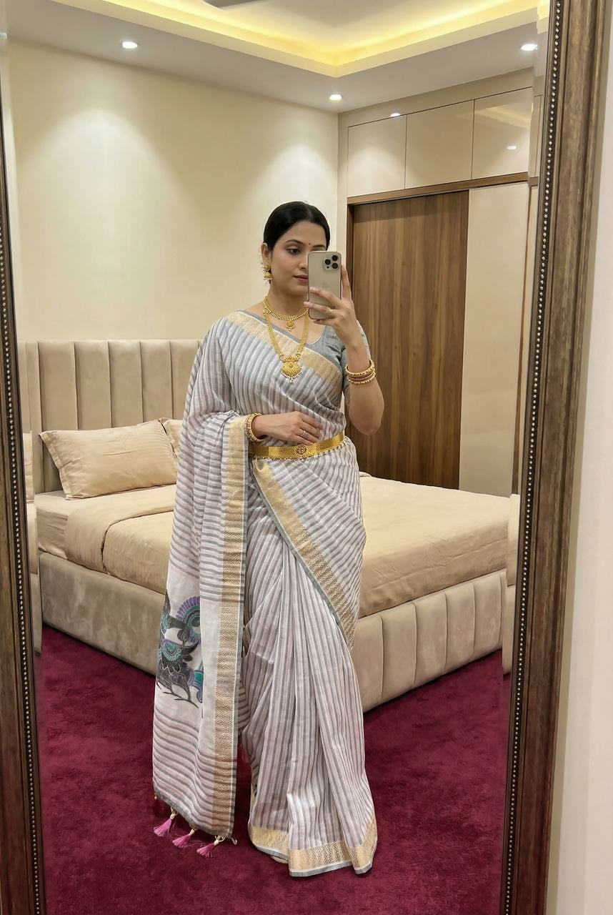 Vastranavya Grey Linen Cotton Meenakari Weaving Pallu Saree with Contrast Blouse | Grocsy