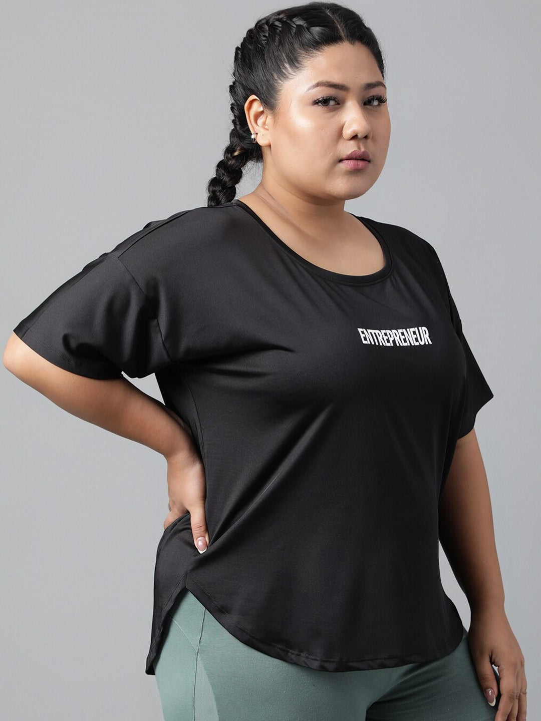 MKH Women Plus Size Typography Printed Drop shoulder Sleeves Dri-FIT Relaxed Fit T-shirt | Grocsy