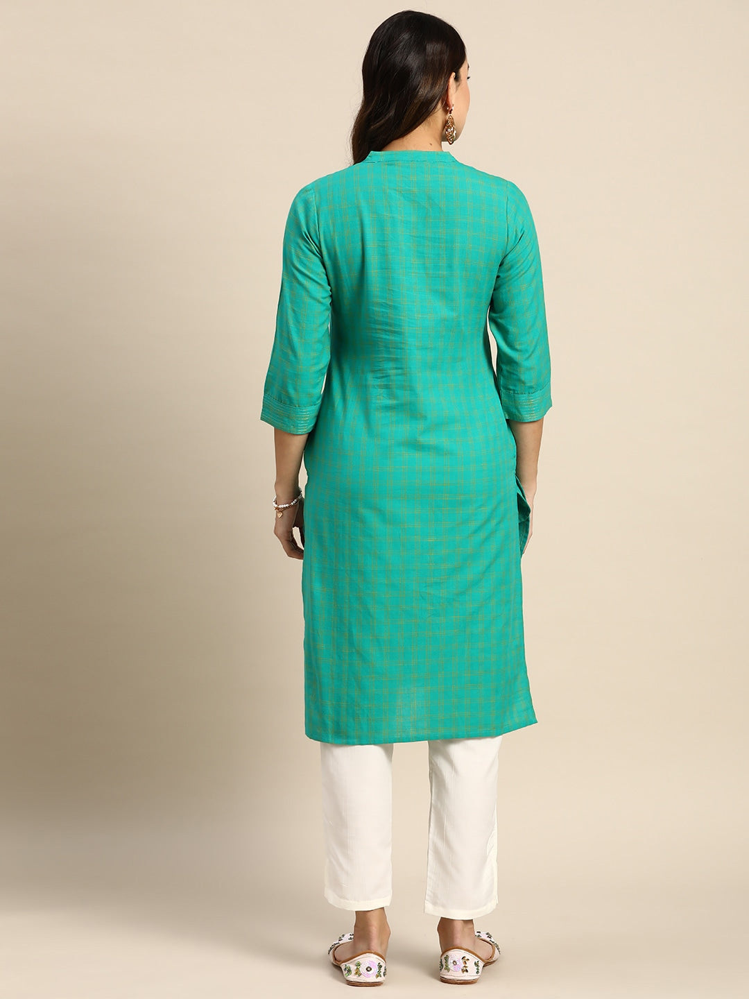 Sangria Checked Mandarin Collar Pure Cotton Kurta | Grocsy