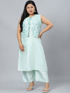 Sztori Plus Size Round Neck Sleeveless Art Silk Kurta With Palazzo & Jacket | Grocsy