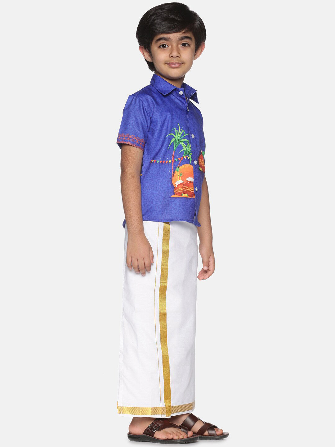 Sethukrishna Boys Blue & White Printed Shirt With Pure Cotton Dhoti Set | Grocsy
