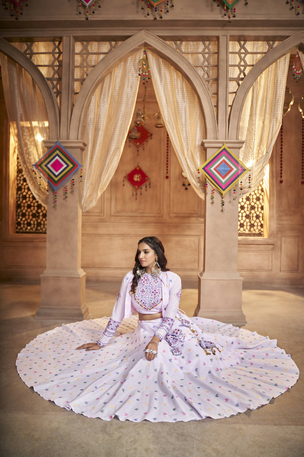 Lavender Cotton Jacquard Weaving Fabric Navratri Lehenga Choli With Dupatta - Raas | Grocsy