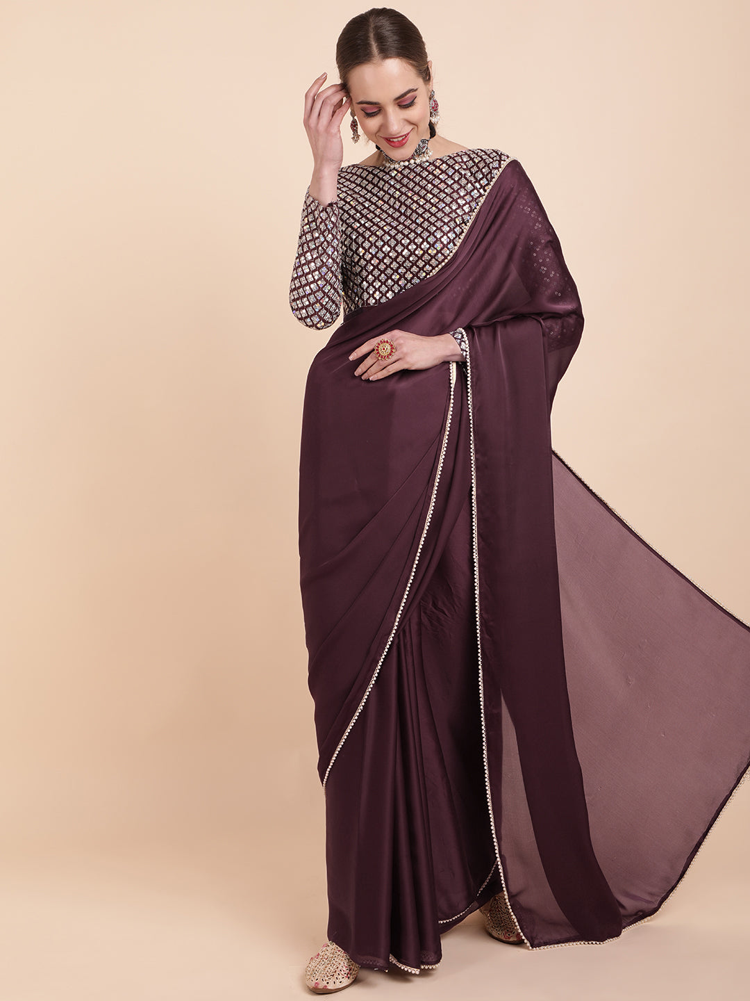 Sangria Burgundy Sequinned Satin Saree | Grocsy