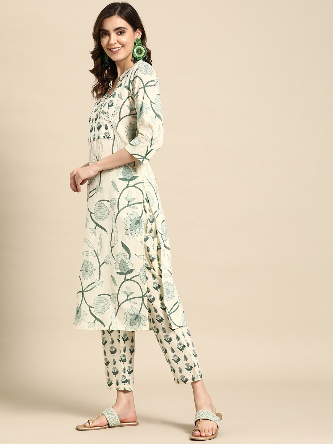 Sangria Floral Printed Angrakha Sequinned Pure Cotton Kurta With Trousers | Grocsy