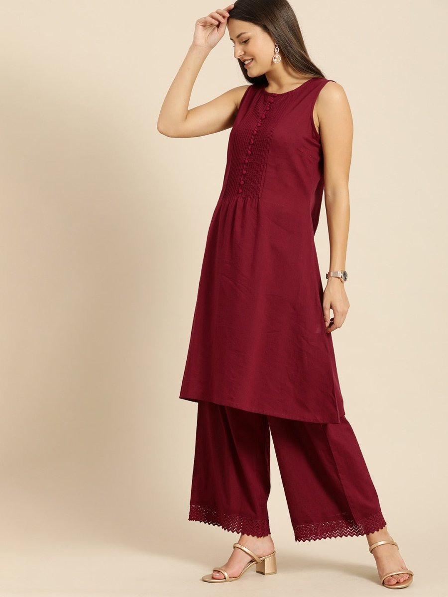 All About You Women Maroon Self Design Pure Cotton A-Line Kurta with Palazzos | Grocsy