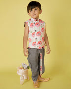 Joban Fashion Kids Island Cotton Sleeveless printed Kurta and Solid Dhoti - Grey | Grocsy