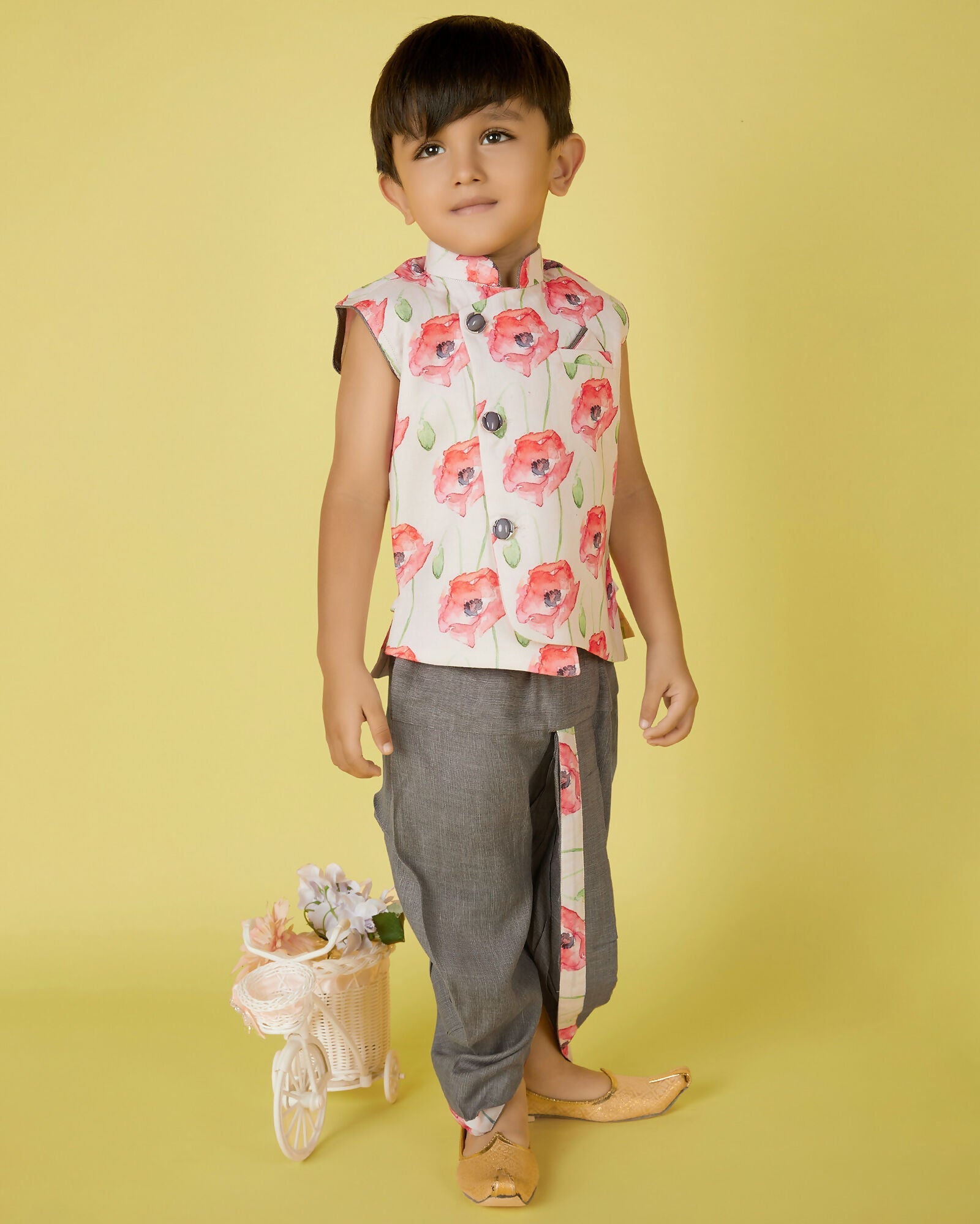 Joban Fashion Kids Island Cotton Sleeveless printed Kurta and Solid Dhoti - Grey | Grocsy