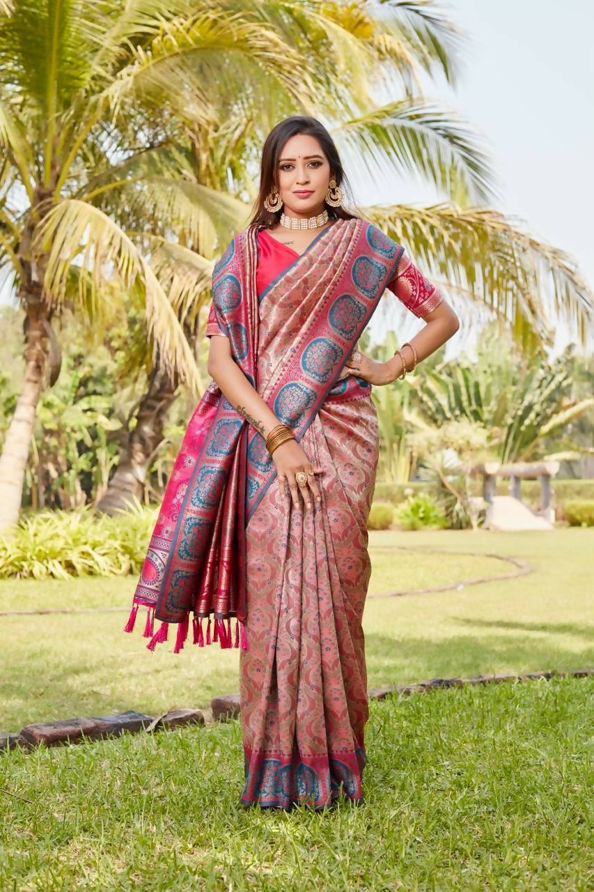 Vastranavya Boutique Collection Kanjivaram Soft Silk Saree With Unstitched Blouse - Coral | Grocsy
