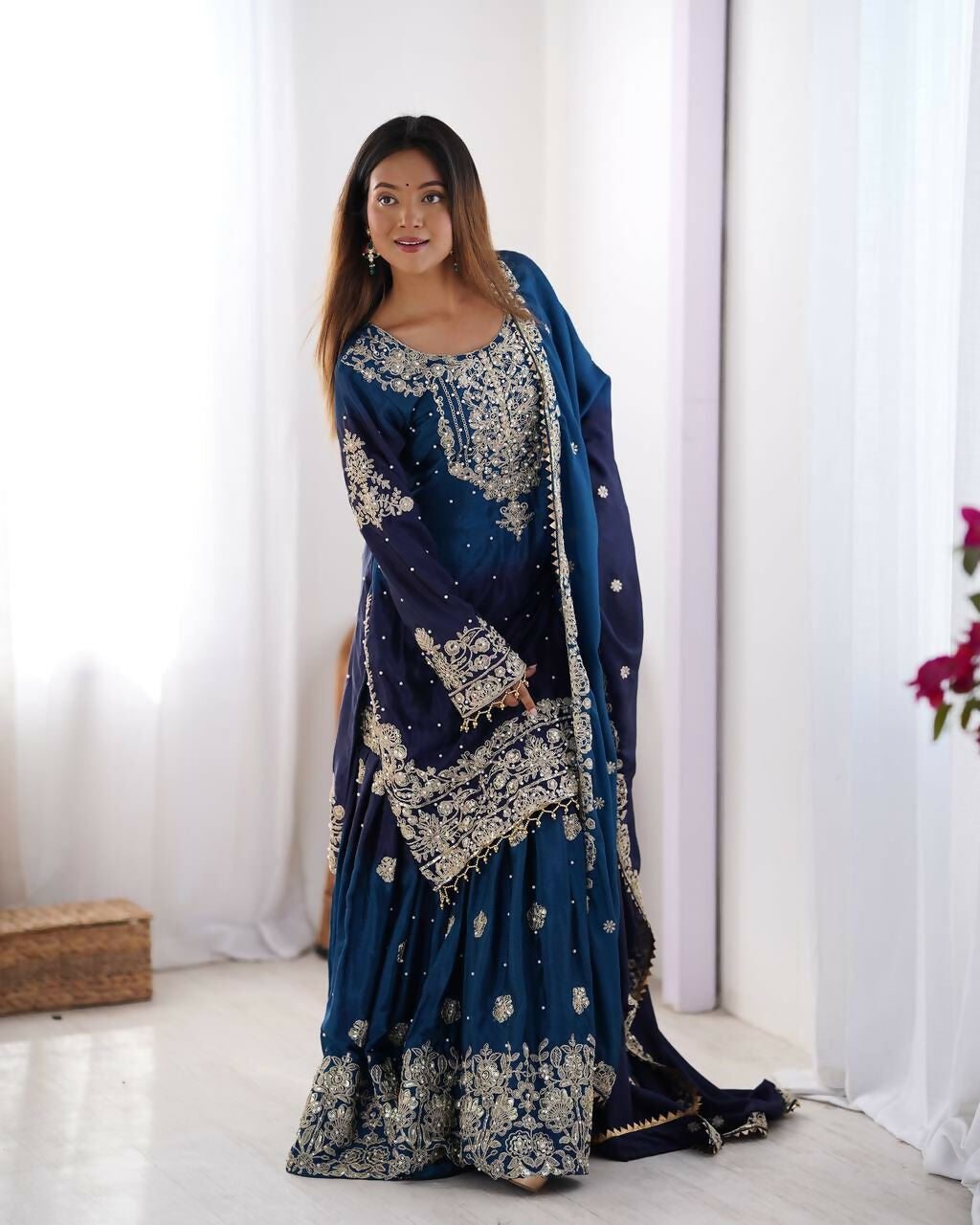 The52 Women's Beautiful Chinon silk Fabric Embroidery Work Straight Kurta Palazzo and Dupatta Set | Grocsy