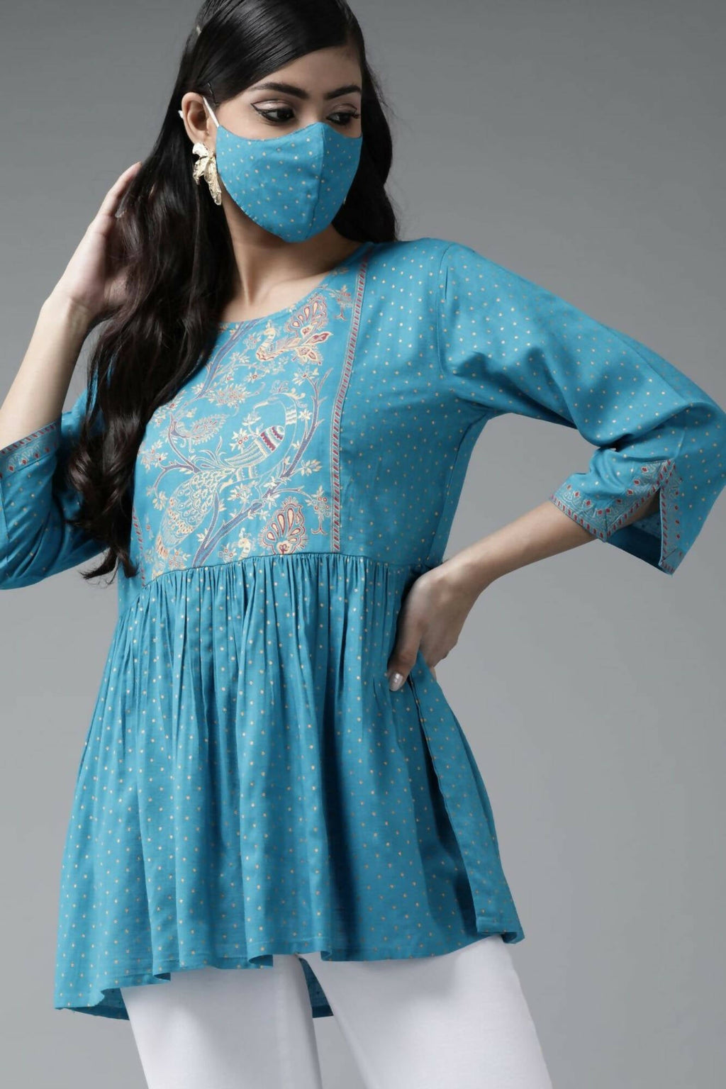 Juniper Women Skyblue Rayon Slub Polka Print Peplum Tunic | Grocsy