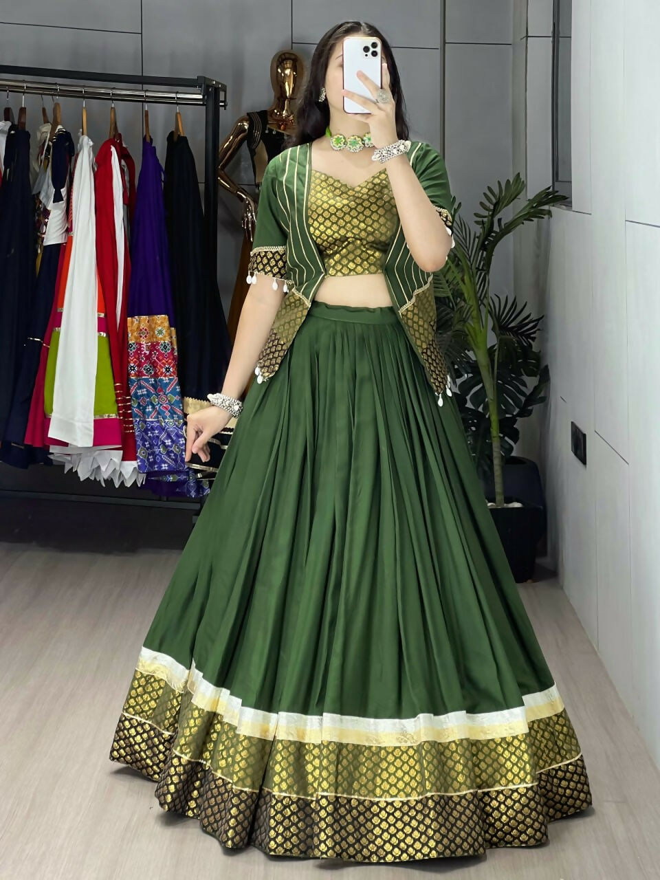 Yash Enterprise Mehndi Rayon Cotton Embroidery Semi Stitched Navratri Top Chaniya Choli | Grocsy