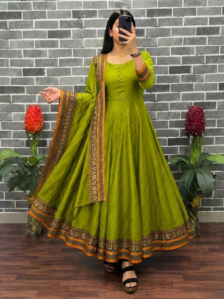 Teeya Creation New Trendy Stylish Olive Green Solid Anarkali Kurta with Traditional Golden Border Dupatta Set | Grocsy