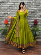 Teeya Creation New Trendy Stylish Olive Green Solid Anarkali Kurta with Traditional Golden Border Dupatta Set | Grocsy