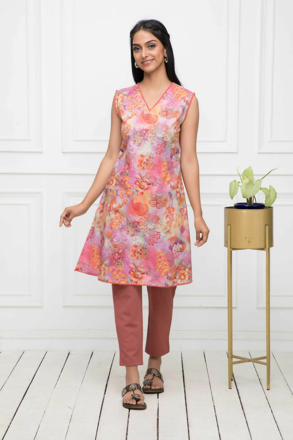 Myshka Women Multi-Floral Rayon A-Line V-Neck Kurtis | Grocsy
