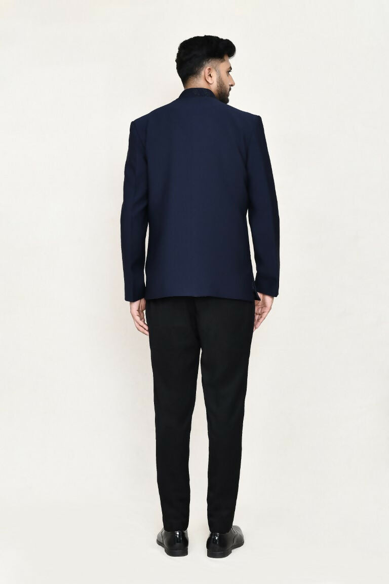 Joban Fashion Blue Colored Terry Rayon Based With Geometry Work Fabric Open Prince Coat, Jacket With Pant | Grocsy