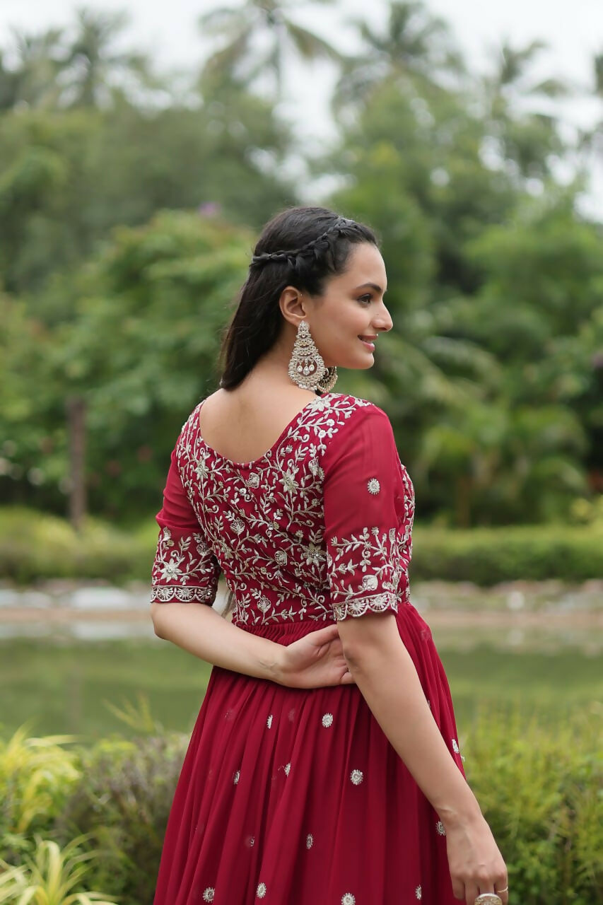 Vastranavya Premium Designer Faux Blooming with Embroidery Zari Sequins work Gown - Maroon | Grocsy