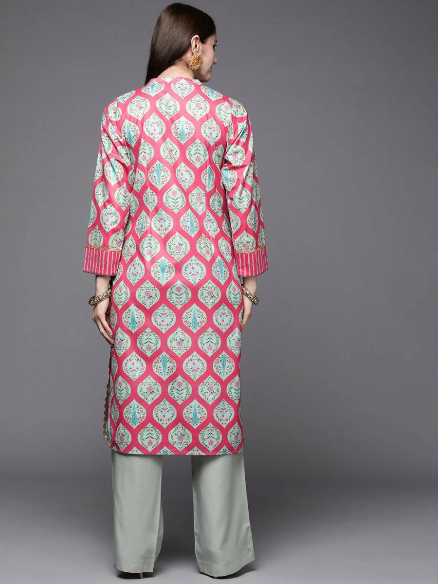 Ahalyaa Women Pink & Sea Green Floral Printed Gotta Patti Velvet Kurta | Grocsy