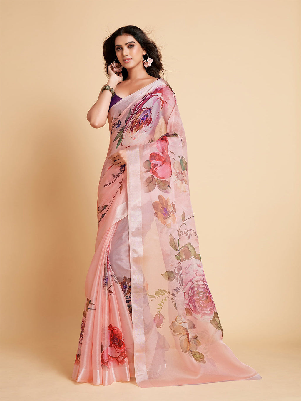 Sangria Peach-Coloured & Purple Floral Organza Saree | Grocsy