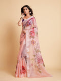 Sangria Peach-Coloured & Purple Floral Organza Saree | Grocsy