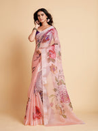 Sangria Peach-Coloured & Purple Floral Organza Saree | Grocsy