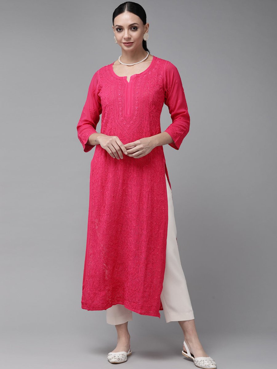 ADA Women Magenta & Magenta Ethnic Motifs Embroidered Chikankari Georgette Kurta | Grocsy